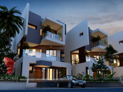 row house exterior night view architectural 3d rendering
